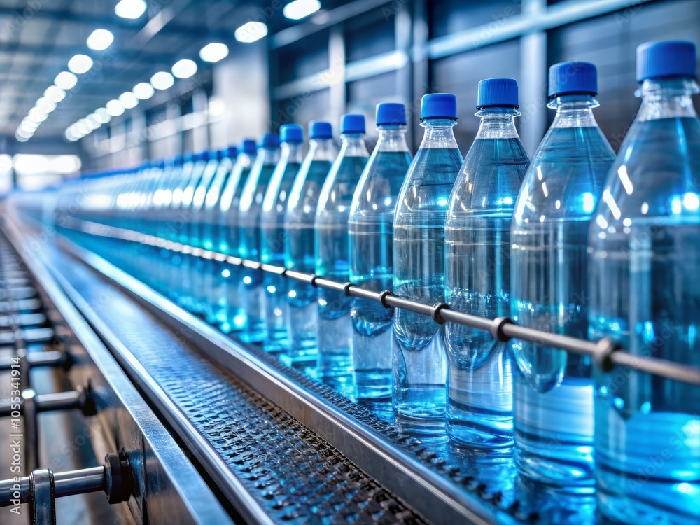 Minimalist shot of clear and blue water bottles on a conveyor belt in an industrial environment, ideal for stock imagery and commercial applications. Minimalist shot of clear and blue water bottles on a conveyor belt in an industrial environment, ideal for stock imagery and commercial applications.