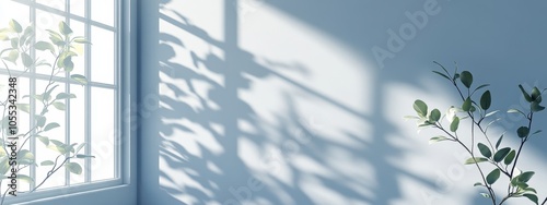 Minimalist Shadow Art:Intricate Leaf Shadows on a Blue Wall.Concept of nature's beauty, tranquility, minimalism, interior design, and photography.