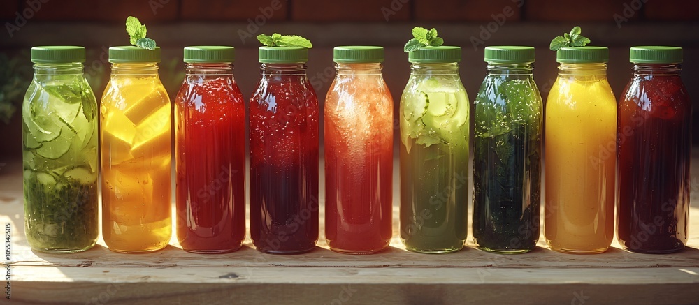 Vibrant display of cold-pressed juices in glass bottles, perfect for promoting World Vegan Month, healthy living, and juice cleanses with inviting colors. Vibrant display of cold-pressed juices in glass bottles, perfect for promoting World Vegan Month, healthy living, and juice cleanses with inviting colors.
