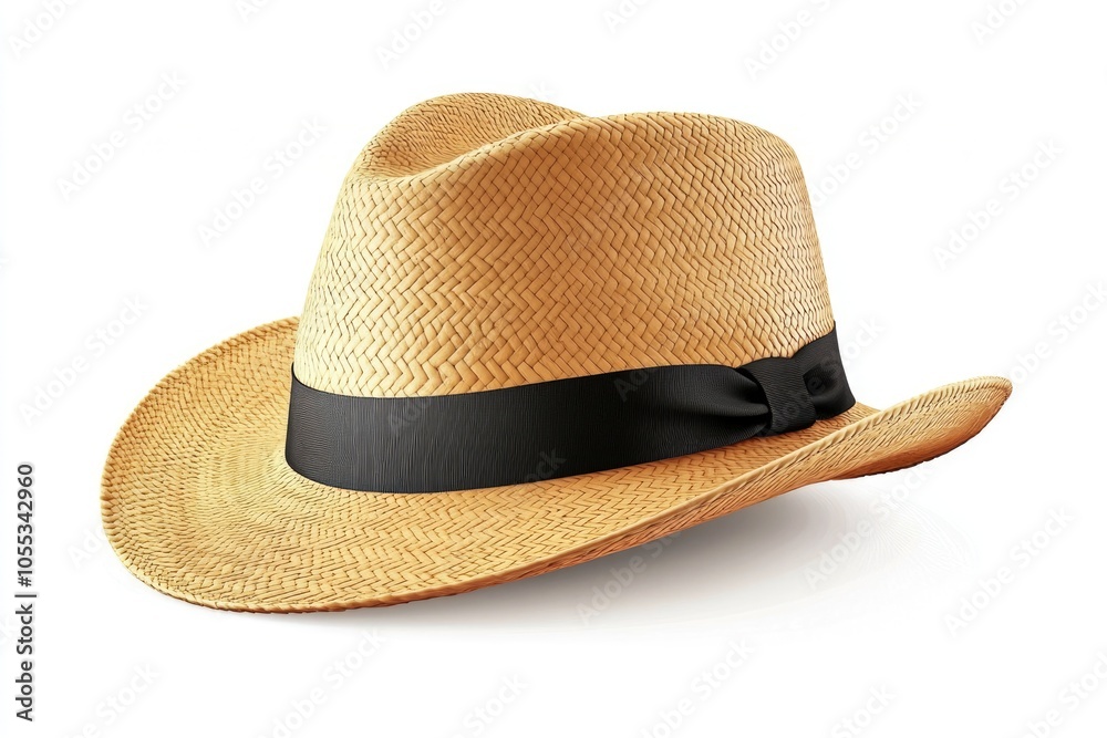 Straw fedora hat with black ribbon on white background. Straw fedora hat with black ribbon on white background.