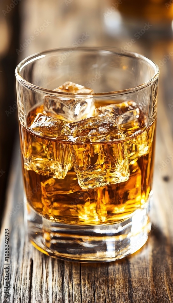 Golden Whiskey on the Rocks, a Classic Indulgence A Relaxing Drink in a Tumbler on Rustic Wood Golden Whiskey on the Rocks, a Classic Indulgence A Relaxing Drink in a Tumbler on Rustic Wood