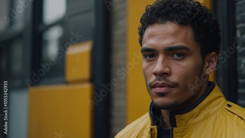 Urban portrait of a mixed race man in yellow jacket