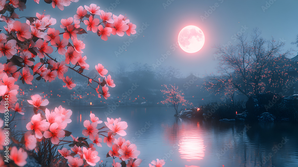 Full moon rising over a tranquil Japanese garden with blooming cherry blossoms.