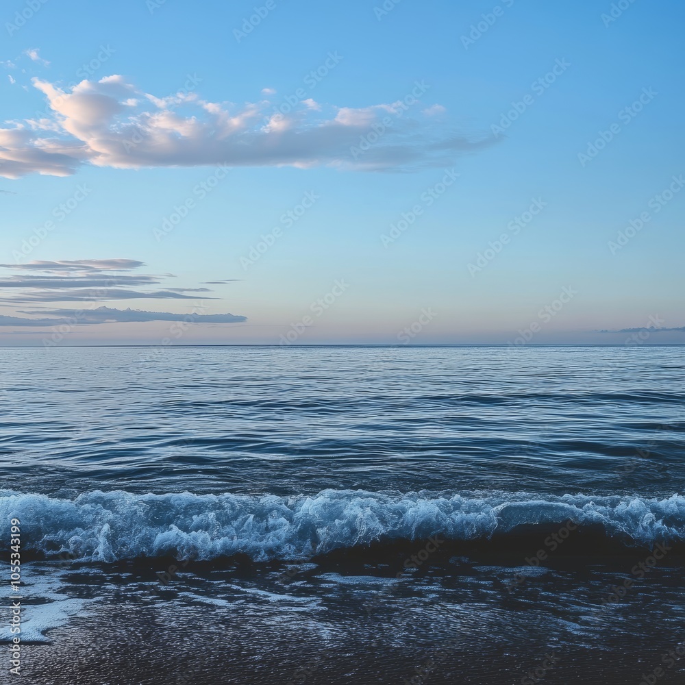 Fototapeta premium Tranquil Seascape, Ocean Waves, Blue Sky, Horizon, Evening, Nature, Serenity, Calm, Peaceful