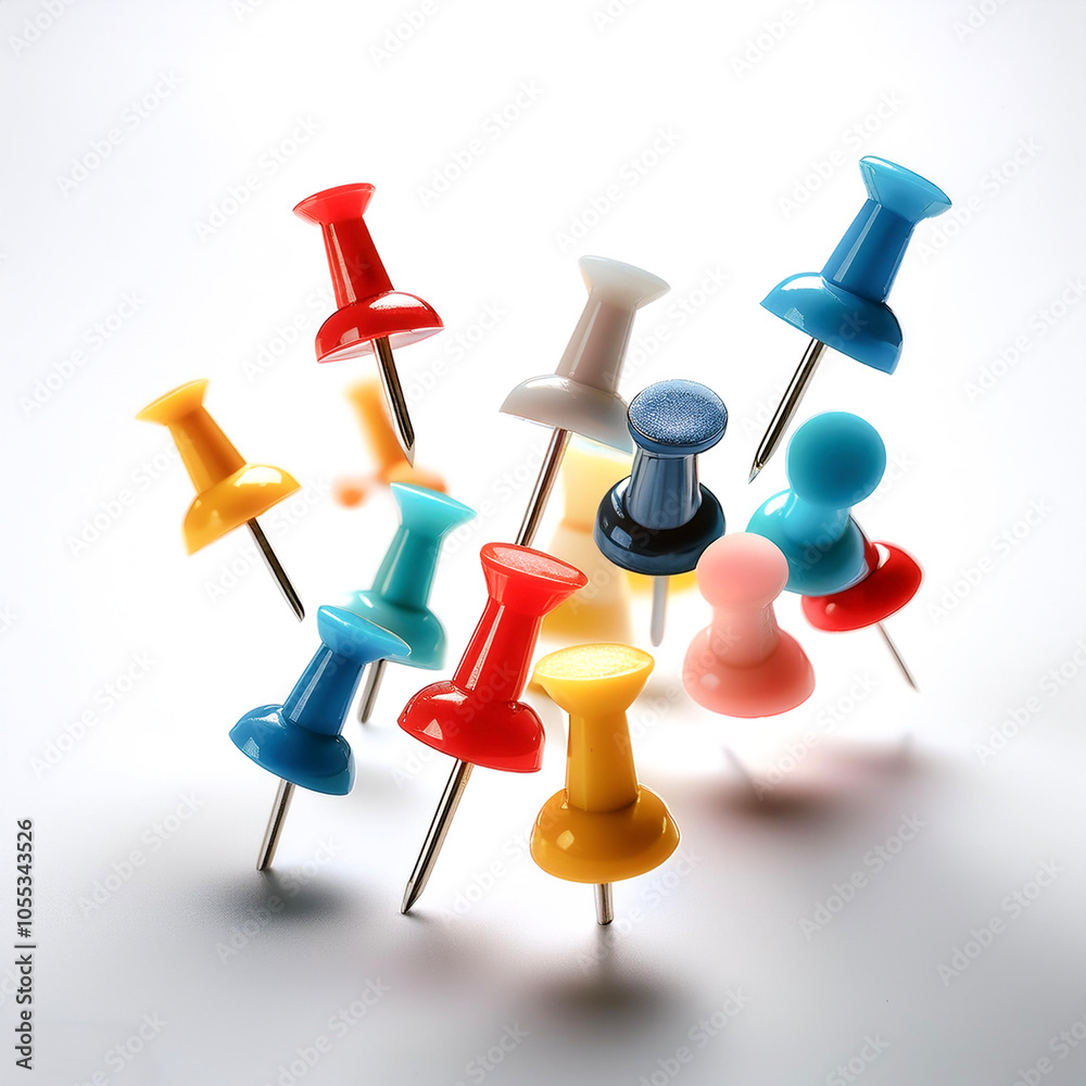 push pins floating or flying isolated white background push pins floating or flying isolated white background