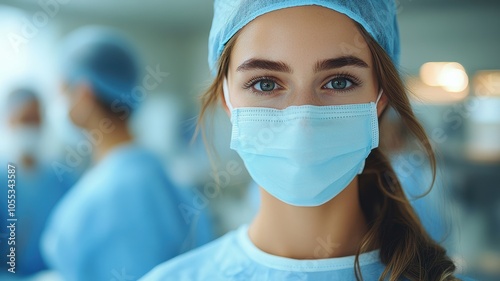 A female surgeon with a sterile mask on her face photo