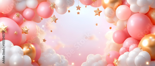 Pink and gold balloons with clouds and stars, creating a heart shape in the center on a light pink background.