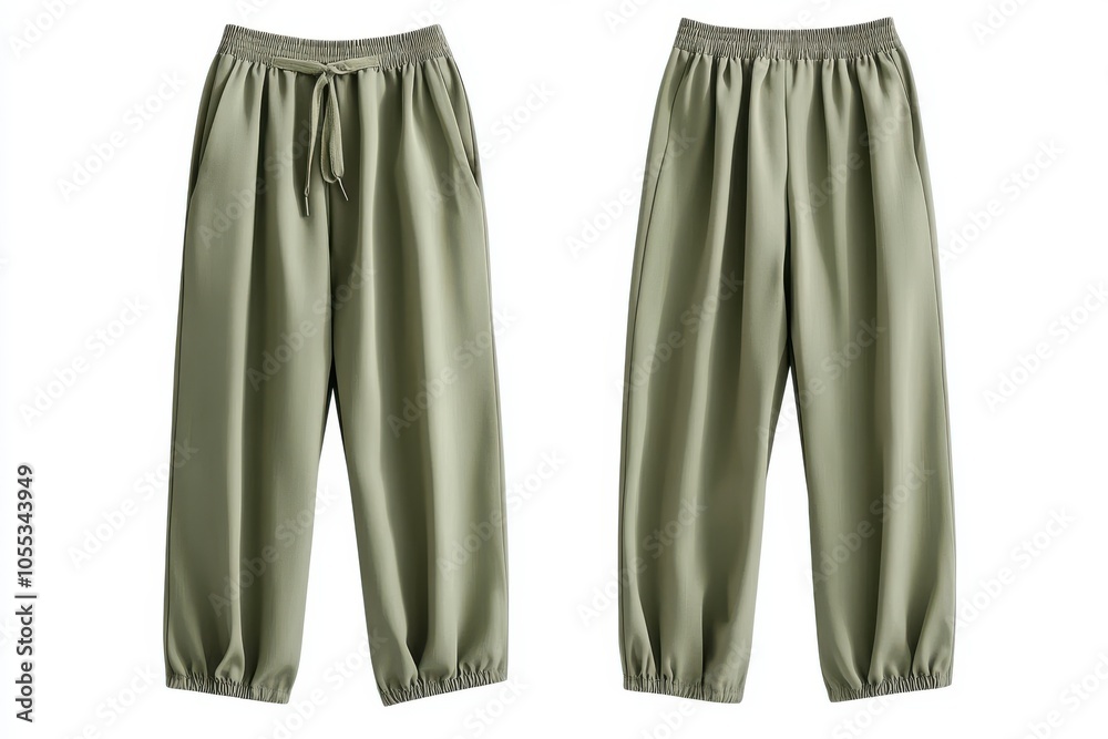 Green classic pants mockup with front and back views on white background Green classic pants mockup with front and back views on white background