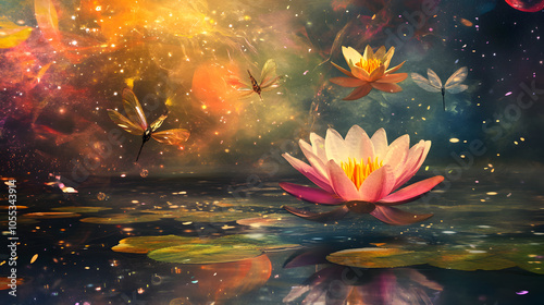 Pink water lily blossoms in a dreamy, colorful pond with dragonflies and a celestial background.