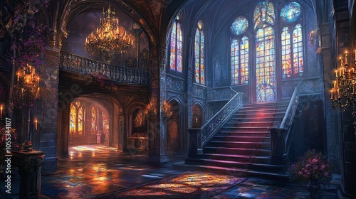 Dimly Lit Grand Hall with Stained Glass Windows