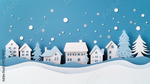 A paper cutout snow-covered village with houses and trees, leaving open space in the sky for seasonal greetings or designs.