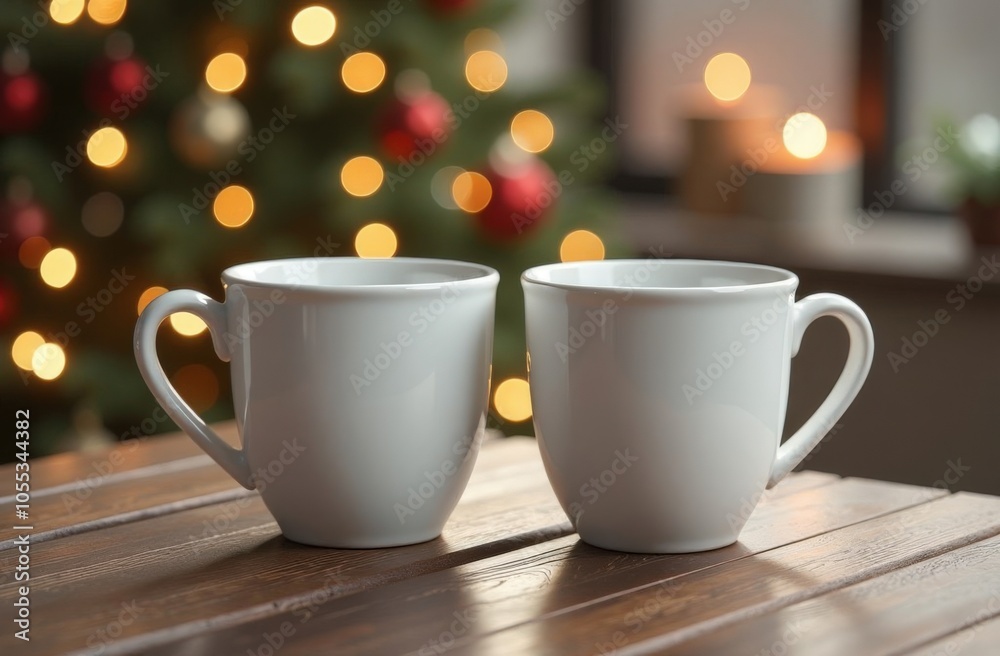 Obraz premium Two white mugs on the table against the background of festive Christmas decorations. Mockup for your business. Empty space for text. The atmosphere of New Year and Christmas. High quality photo