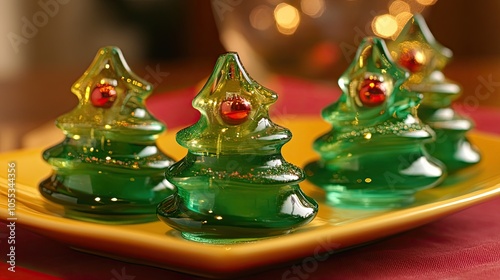 A plate of Christmas tree jelly treats in bright festive colors, decorated with tiny candy ornaments and edible glitter.