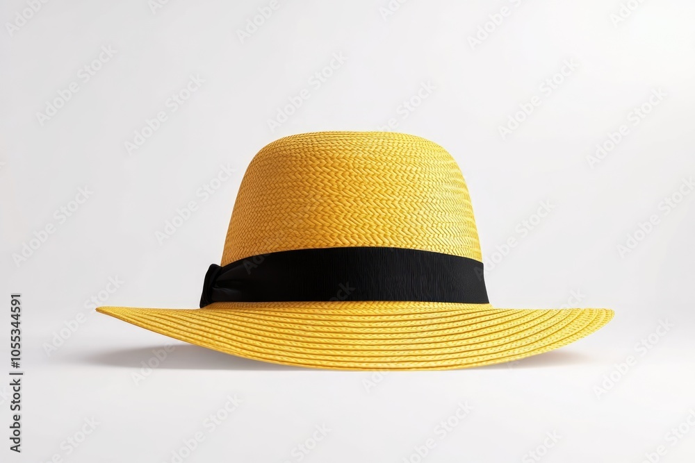 Straw yellow hat with black ribbon on white background. Straw yellow hat with black ribbon on white background.