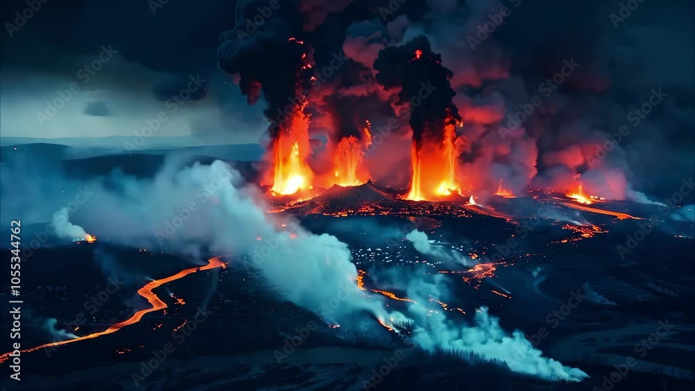 A dramatic volcanic eruption with lava flows, ash clouds, and fiery explosions, dominating the landscape. A dramatic volcanic eruption with lava flows, ash clouds, and fiery explosions, dominating the landscape.