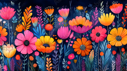 Vibrant floral pattern with pink, orange, and yellow flowers on a dark blue background.