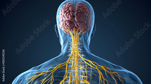 3D illustration of a human head and neck, with the brain, spinal cord, and nerves highlighted.