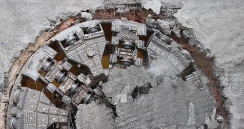 Tunnel boring machine(TBM) head on display at subway construction site ,underground infrastructure transportation