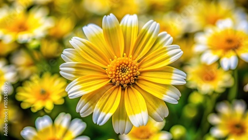 A close-up of a bright yellow sprint flower with delicate white stripes and a cluster of small, tiny flowers at its center, bloom, spring, botanical photo