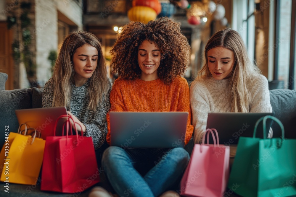 Three women sitting on a couch, each with a laptop open Three women sitting on a couch, each with a laptop open