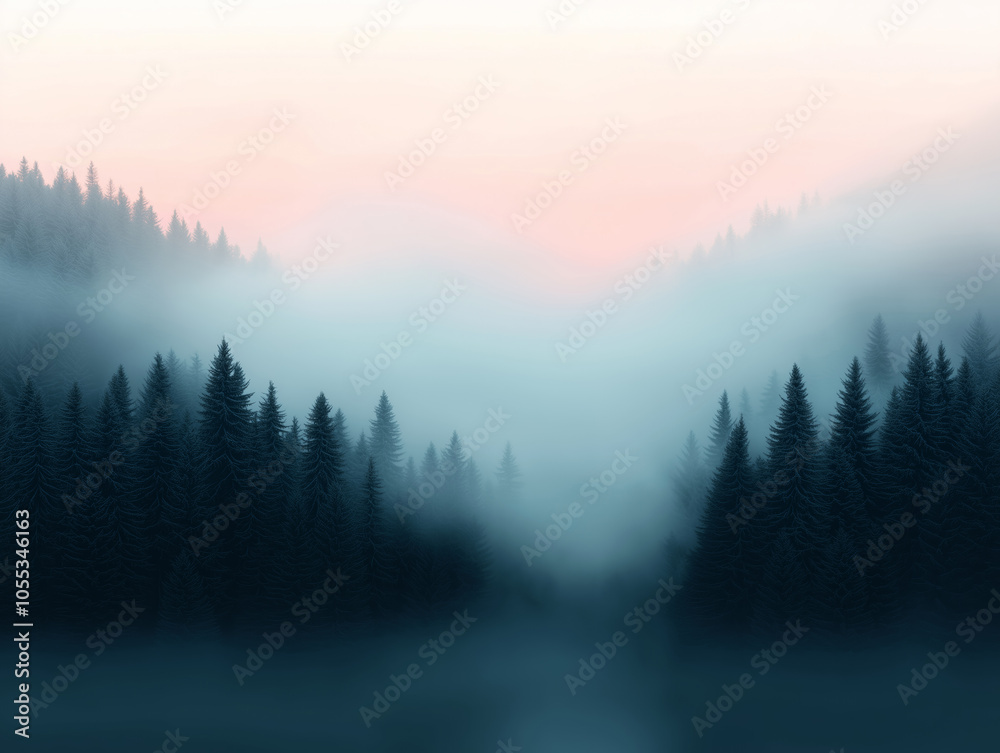 Misty sunrise over pine forest in winter, foggy atmospheric landscape
Misty sunrise over pine forest in winter, foggy atmospheric landscape
