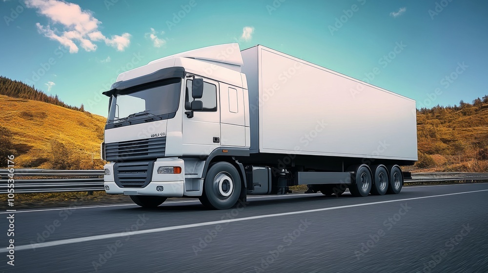 Modern White Delivery Truck on a Scenic Highway, Logistics and Transportation Concept. Modern White Delivery Truck on a Scenic Highway, Logistics and Transportation Concept.