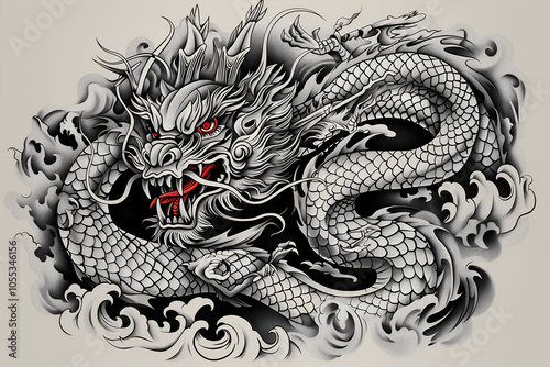 Portrait of a fantasy dragon tattoo sketch illustration. Isolated hand drawn animal prints.