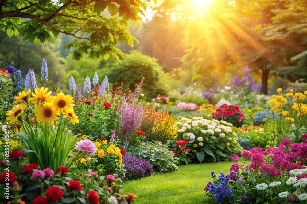 Obraz premium A sunny day in the garden with a variety of colorful flowers and lush greenery, vibrant colors, serene atmosphere