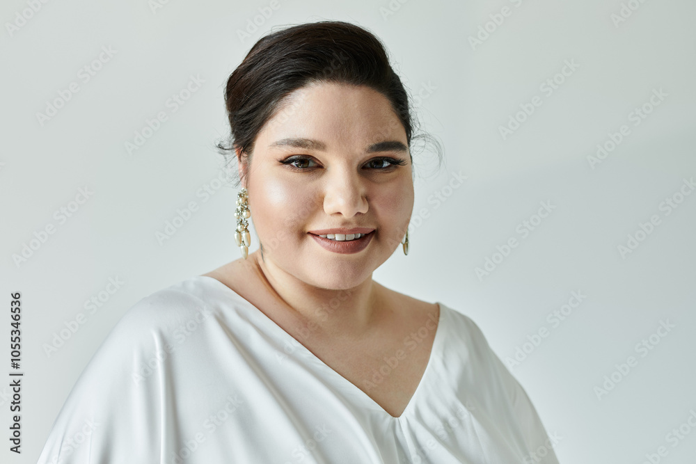 A stunning plus size bride radiates joy, adorned in a white gown and sparkling earrings on a serene grey background. A stunning plus size bride radiates joy, adorned in a white gown and sparkling earrings on a serene grey background.