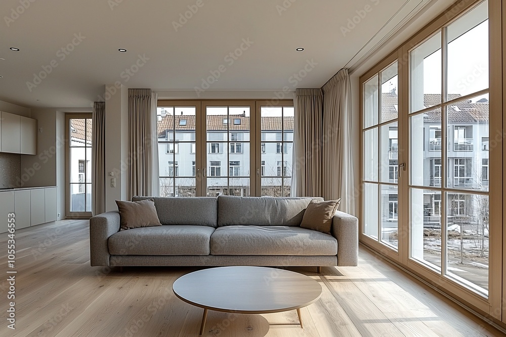 Mid century Modern interiors in the living room with a sofa and table and windows in view. Generative AI
