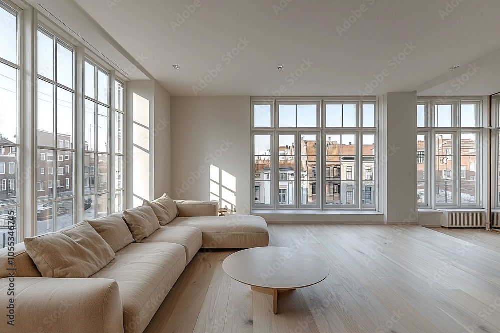 Obraz premium Mid century Modern interiors in the living room with windows visible and beige sofas. Generative AI 