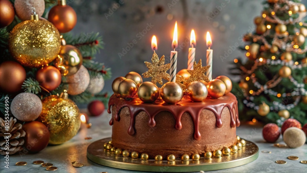 Festive New Year background with cake and candles. Christmas atmosphere. Festive New Year background with cake and candles. Christmas atmosphere.