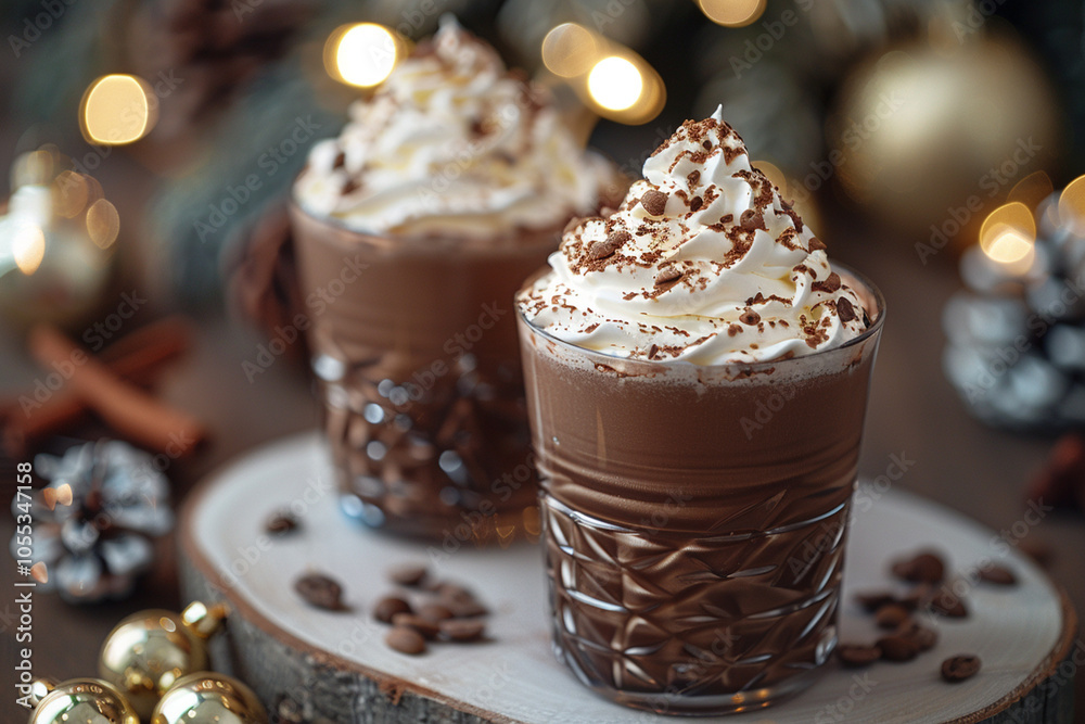 Hot chocolate drink with whipped cream and cocoa powder in a glass cup on a Christmas background