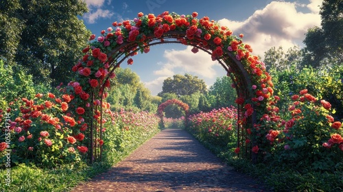 A blooming rose garden pathway under an archway on a sunny afternoon