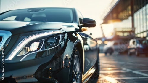 Black modern car on the background of the airport, car rental, cargo transportation.