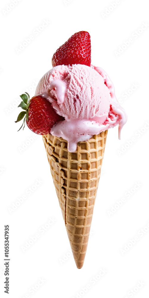 Strawberry Ice Cream Cone with Fresh Strawberries A vibrant image of strawberry ice cream with fresh strawberries on top, served in a waffle cone, perfect for summer.
Strawberry Ice Cream Cone with Fresh Strawberries A vibrant image of strawberry ice cream with fresh strawberries on top, served in a waffle cone, perfect for summer.
