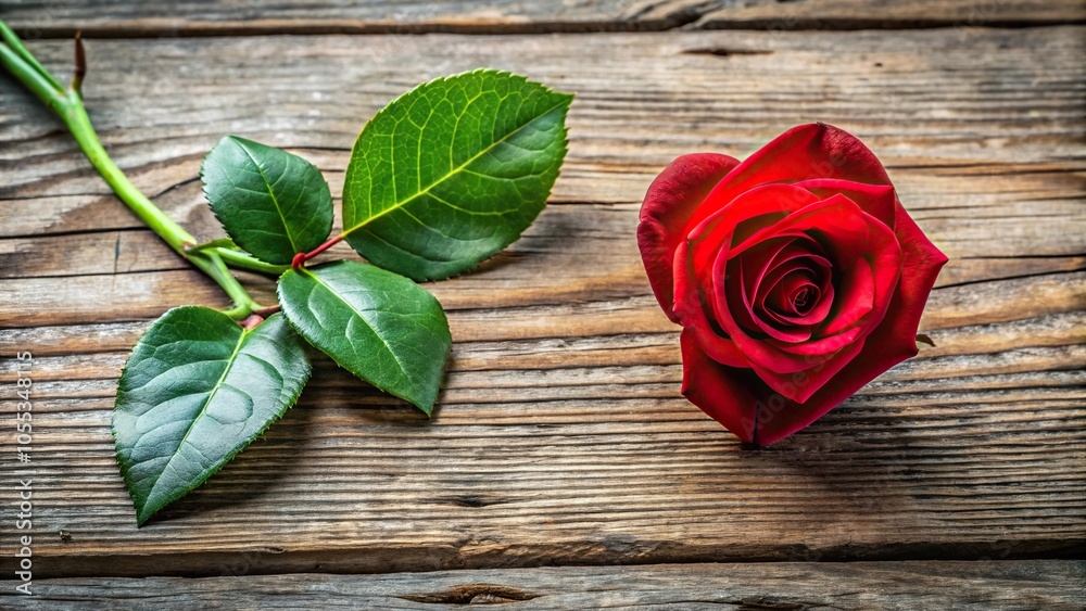A close-up of a single red rose petal with veins forming a heart shape against a green leaf or stem on a rustic wooden background, leaves, natural, botanical, flowers A close-up of a single red rose petal with veins forming a heart shape against a green leaf or stem on a rustic wooden background, leaves, natural, botanical, flowers