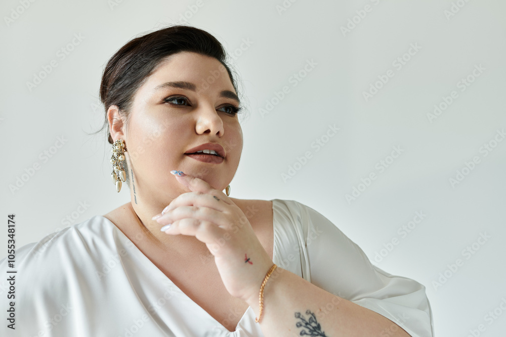 A stunning plus-size bride gracefully poses, showcasing her elegant white dress and sparkling earrings. A stunning plus-size bride gracefully poses, showcasing her elegant white dress and sparkling earrings.
