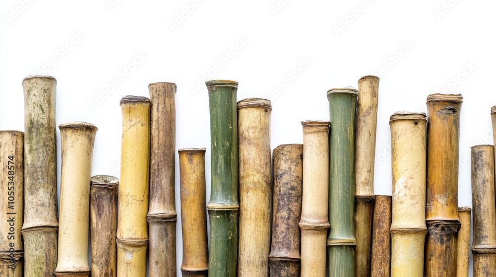A row of bamboo sticks are stacked on top of each other A row of bamboo sticks are stacked on top of each other