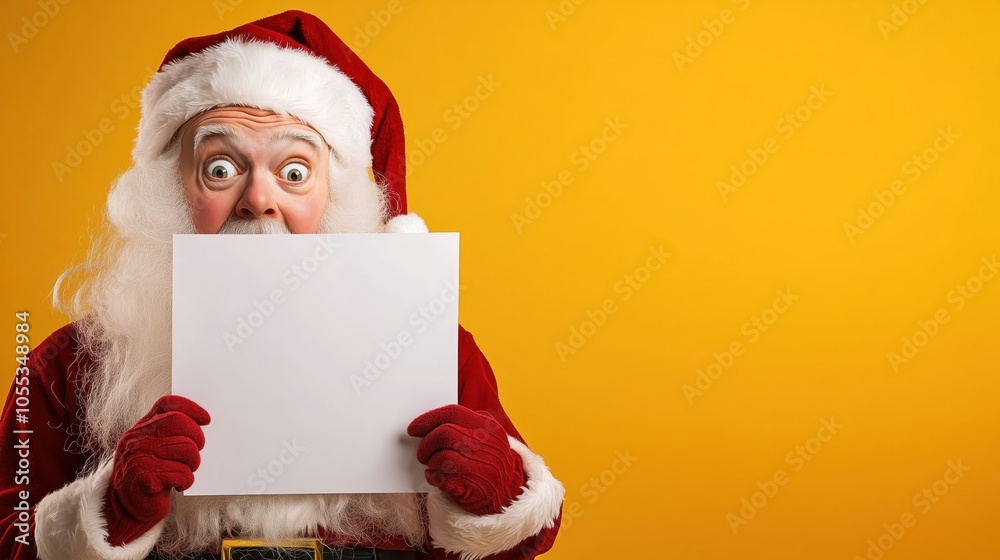 Naklejka premium Santa holding a blank sign with a surprised expression in front of a vibrant yellow background