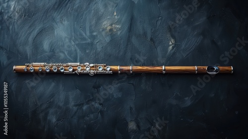 A modern flute with playing holes on a black background. Musical instrument flute photo