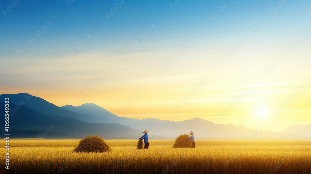 Fototapeta premium Harvesting rice in golden field at sunset, with farmers working in distance. serene landscape features mountains and vibrant sky, creating peaceful atmosphere