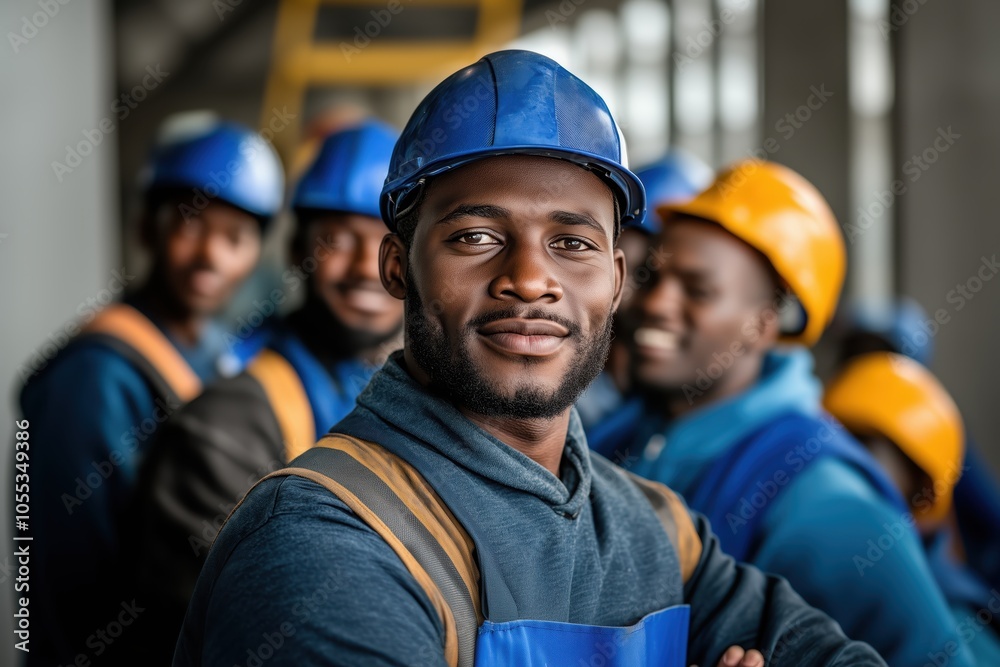 Skilled construction workers proudly posing together on a job site during daylight hours Skilled construction workers proudly posing together on a job site during daylight hours