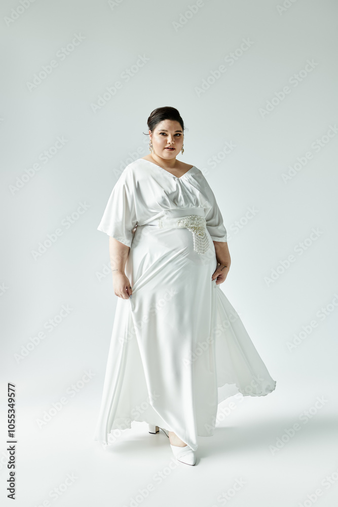 A stunning plus size bride radiates beauty in a white wedding dress, gracefully posing in an elegant setting. A stunning plus size bride radiates beauty in a white wedding dress, gracefully posing in an elegant setting.