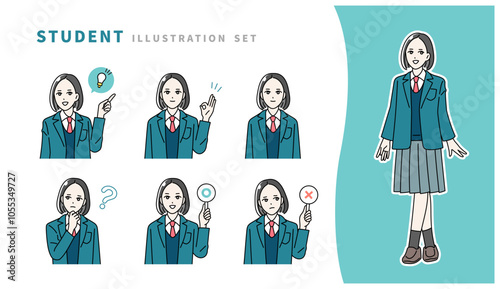制服を着た学生の表情イラストセット