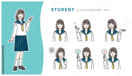 制服を着た学生の表情イラストセット