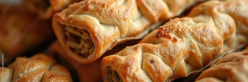 Close-up shot of a freshly baked small bread pastry stuffed with crispy crackling, stuffing, close-up Close-up shot of a freshly baked small bread pastry stuffed with crispy crackling, stuffing, close-up