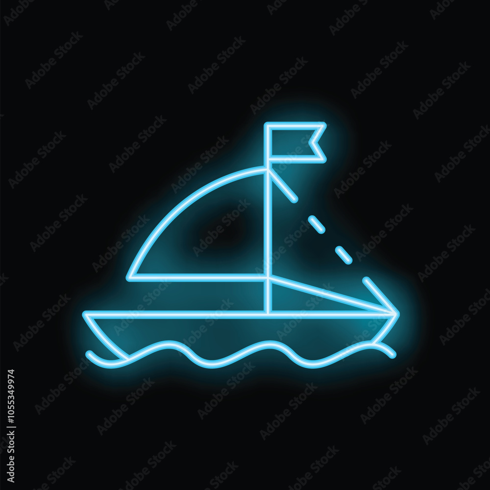 Blue neon icon of a sailboat sailing on water with a flag on top of the mast Blue neon icon of a sailboat sailing on water with a flag on top of the mast