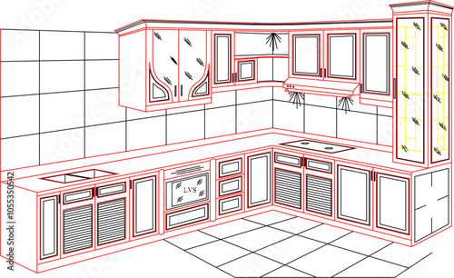 Vector sketch illustration silhouette of interior design kitches vintage classic kitchen set