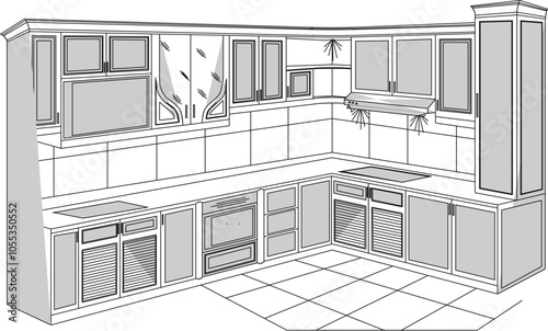 Vector sketch illustration silhouette of interior design kitches vintage classic kitchen set 